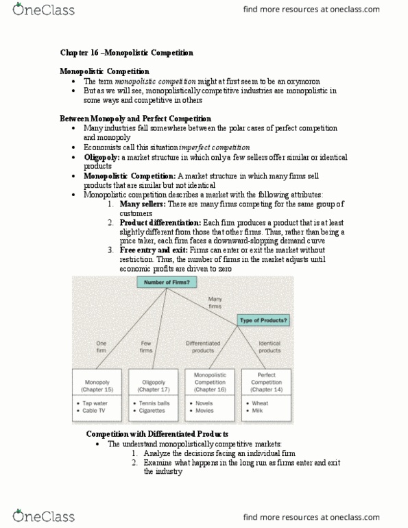 AUECO101 Lecture Notes - Lecture 16: Monopolistic Competition, Imperfect Competition, Perfect Competition thumbnail