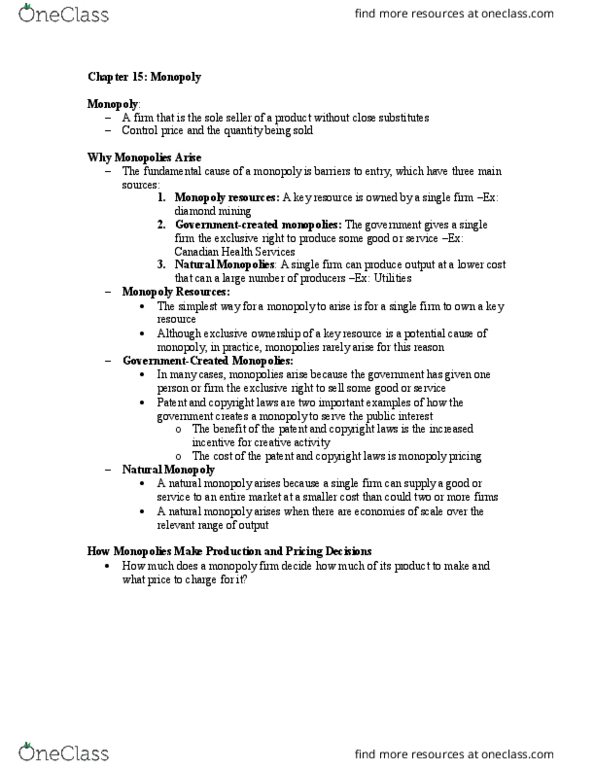 AUECO101 Lecture Notes - Lecture 15: Monopoly Profit, Natural Monopoly, Marginal Revenue thumbnail