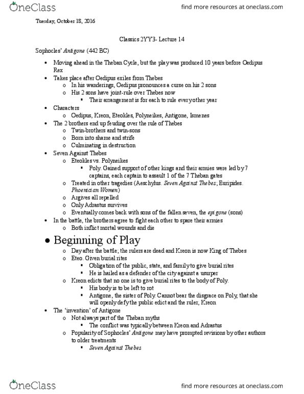 CLASSICS 2YY3 Lecture Notes - Lecture 14: Seven Against Thebes, Eteocles, Theban Cycle thumbnail