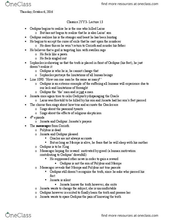 CLASSICS 2YY3 Lecture Notes - Lecture 13: Laius, Unification Church, Sophocles thumbnail