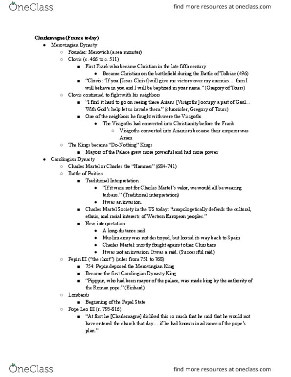 HISTORY 115 Lecture Notes - Lecture 1: Pope Leo Iii, Merovingian Dynasty, Arianism thumbnail