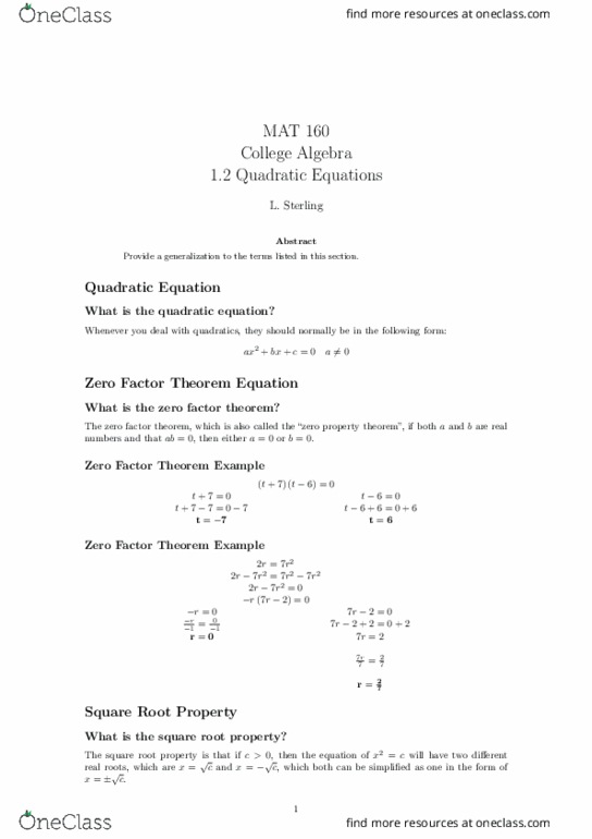 MAT-160 Lecture Notes - Lecture 2: Quadratic Equation, Quadratic Formula thumbnail