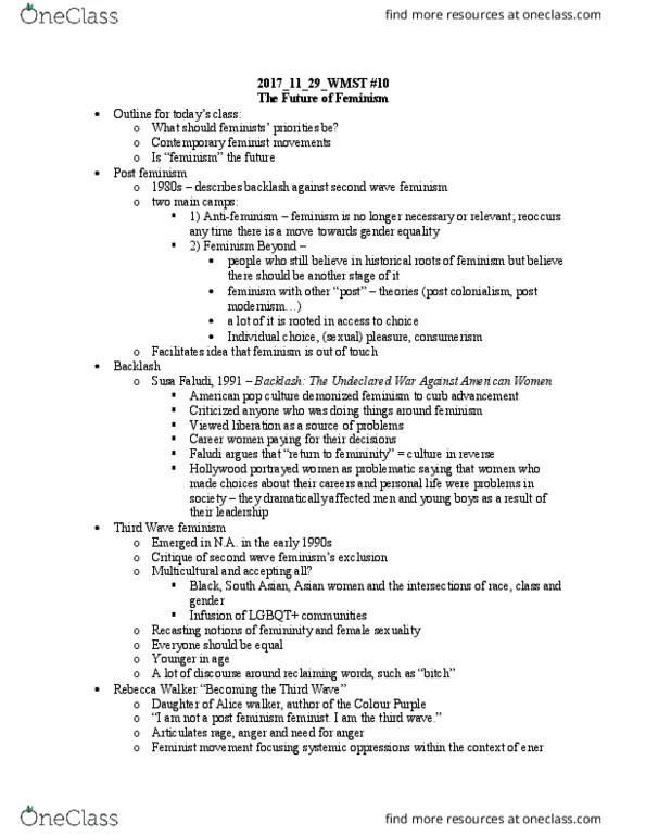 WMST 1000Y Lecture Notes - Lecture 10: Third-Wave Feminism, Rebecca Walker, Alice Walker thumbnail