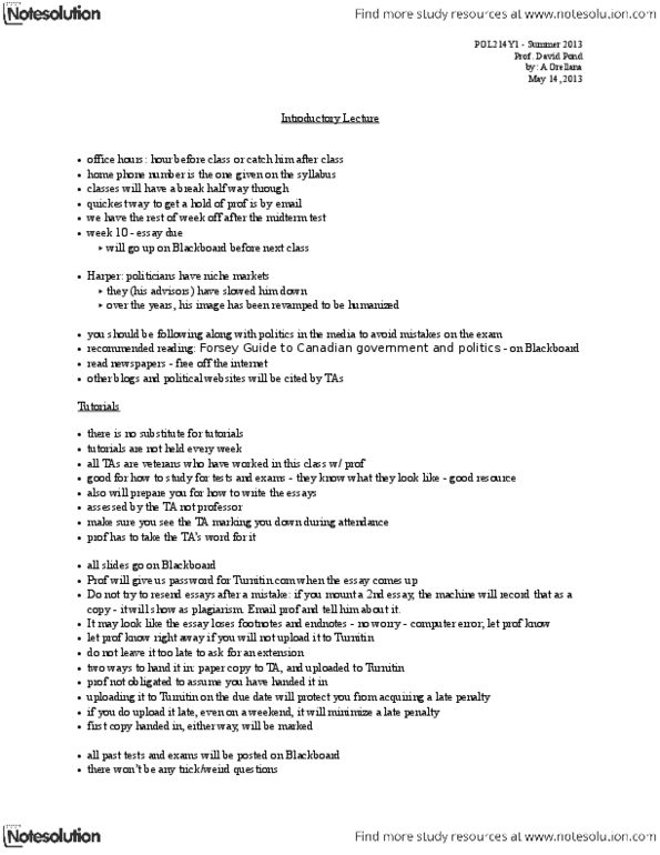 POL214Y1 Lecture Notes - English Canada, Pierre Trudeau, Turnitin thumbnail