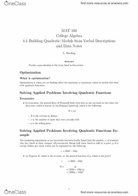 MAT-160 Lecture 19: 4.4 Building Quadratic Models from Verbal Descriptions and Data Notes thumbnail