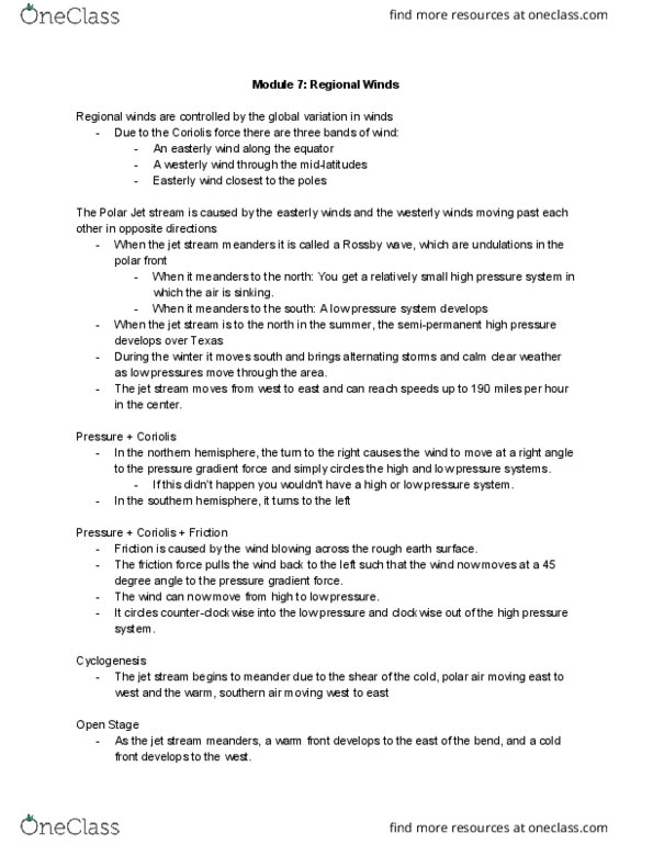 GEOG 205 Lecture Notes - Lecture 7: Pressure-Gradient Force, Jet Stream, Rossby Wave thumbnail