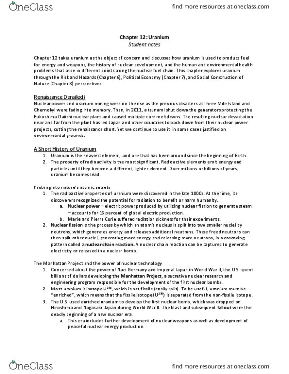 GEOG 410 Lecture Notes - Lecture 7: Nuclear Fuel Cycle, Nuclear Fission, Pierre Curie thumbnail