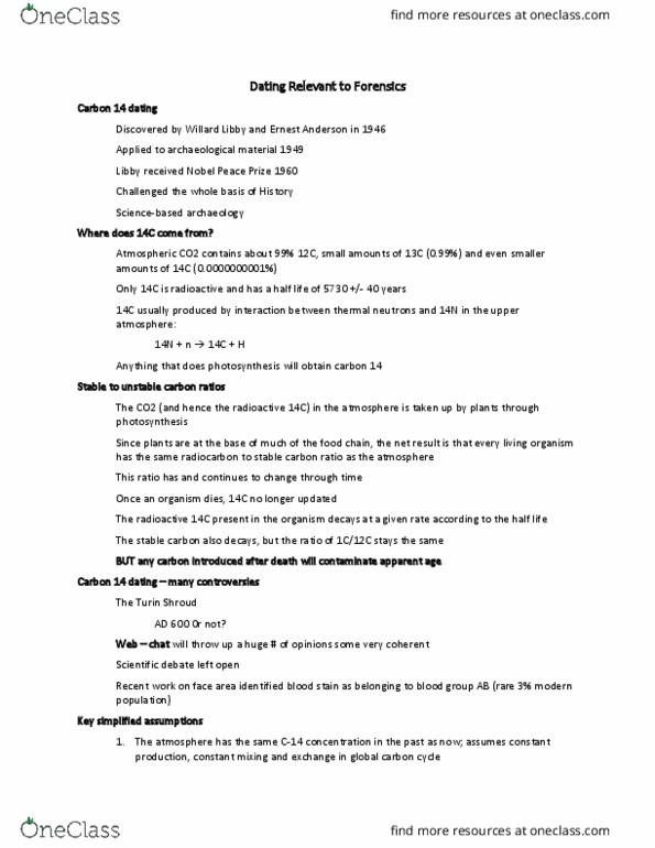 CRIM 356 Lecture Notes - Lecture 10: Radiocarbon Dating, Willard Libby, Shroud Of Turin thumbnail