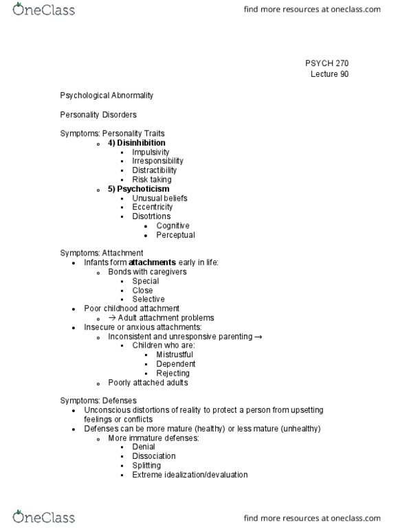 PSYCH 270 Lecture Notes - Lecture 90: Attachment In Adults, Psychoticism, Disinhibition thumbnail