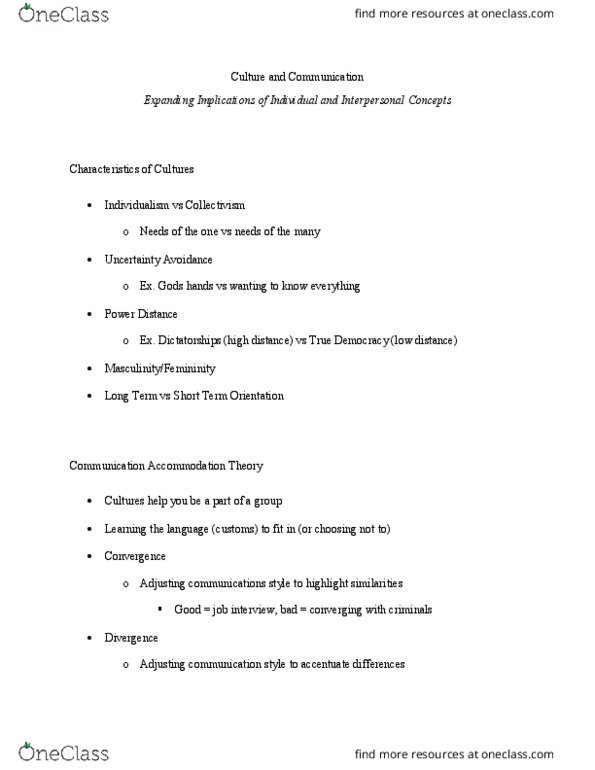 COM CM 380 Lecture Notes - Lecture 8: Communication Accommodation Theory, Collectivism, Individualism thumbnail