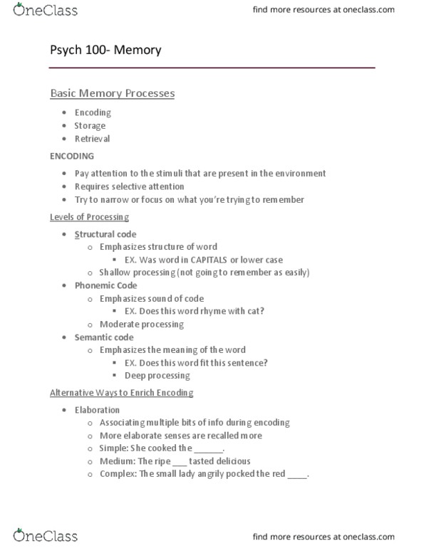 PSYC 100 Lecture Notes - Lecture 14: Echoic Memory, Iconic Memory, Sensory Memory thumbnail