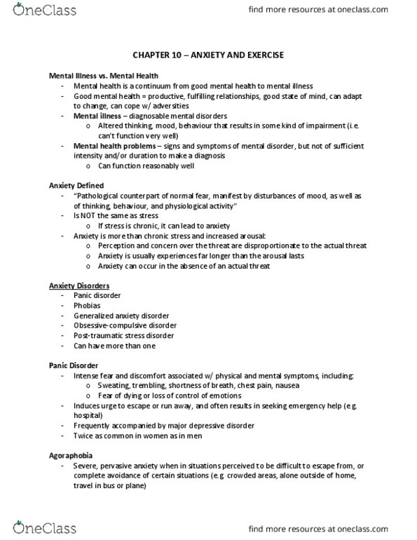 Kinesiology 2276F/G Lecture Notes - Lecture 10: Posttraumatic Stress Disorder, Social Anxiety Disorder, Generalized Anxiety Disorder thumbnail