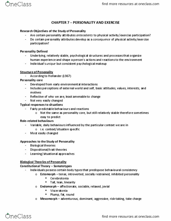 Kinesiology 2276F/G Lecture Notes - Lecture 7: List Of Portal Characters, Extraversion And Introversion, Trait Theory thumbnail