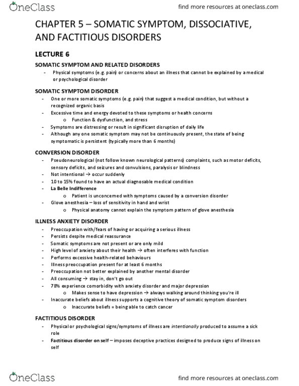 Psychology 2030A/B Lecture Notes - Lecture 6: Factitious Disorder, Dissociative Disorder, Anxiety Disorder thumbnail