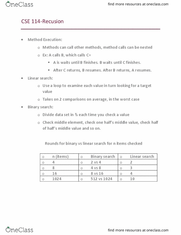 CSE 114 Lecture Notes - Lecture 30: Linear Search, Binary Search Algorithm thumbnail