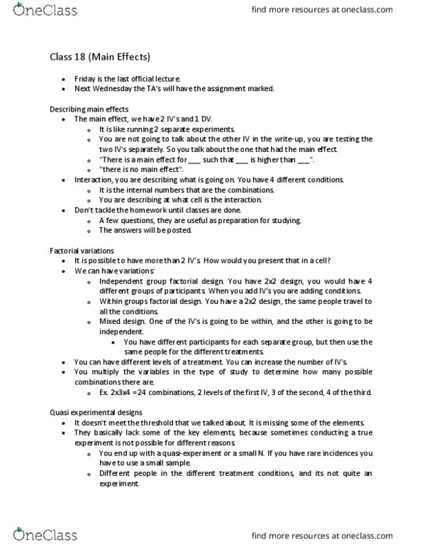 PSYC 2001 Lecture Notes - Lecture 18: Factorial Experiment, Experiment, Quasi thumbnail