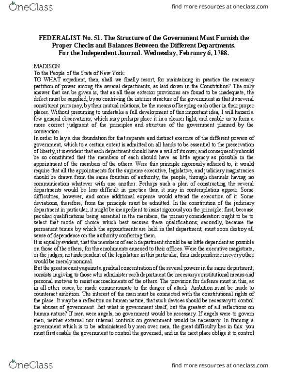 PAPM 1000 Chapter Notes - Chapter Reading: Federalist No. 51, Republic thumbnail