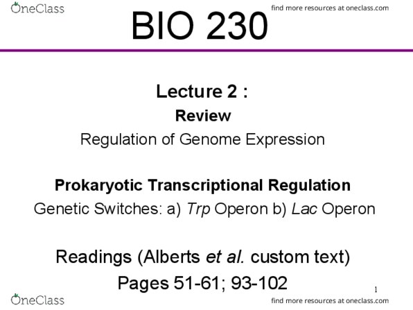 BIO230H1 Lecture Notes - Lecture 2: Lac Operon, Dna Microarray, Operon thumbnail