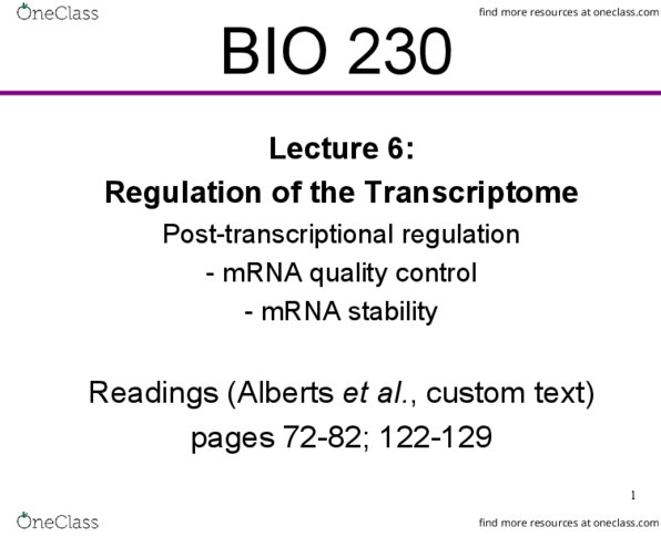 BIO230H1 Lecture Notes - Lecture 6: Transcriptome, Transferrin Receptor, Aconitase thumbnail