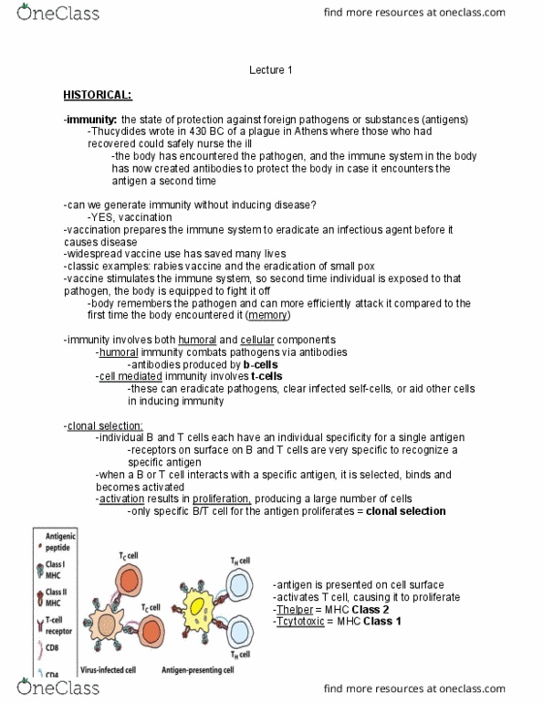 MICR 3230 Lecture Notes - Lecture 1: Clonal Selection, Antigen, Immunology thumbnail