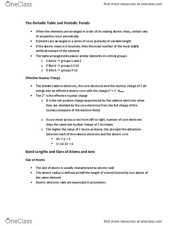 Chemistry 1301A/B Chapter Notes - Chapter 1.2: Effective Nuclear Charge, Ionic Radius, Periodic Trends thumbnail