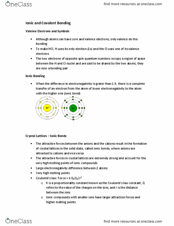 Chemistry 1301A/B Chapter Notes - Chapter 2.1: Ionic Bonding, Chemical Polarity, Electronegativity thumbnail