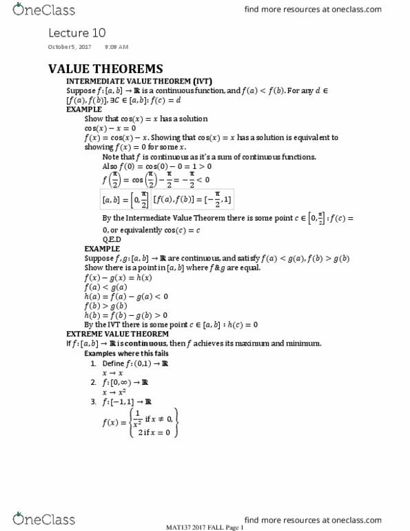 MAT137Y5 Lecture Notes - Lecture 10: Intermediate Value Theorem thumbnail