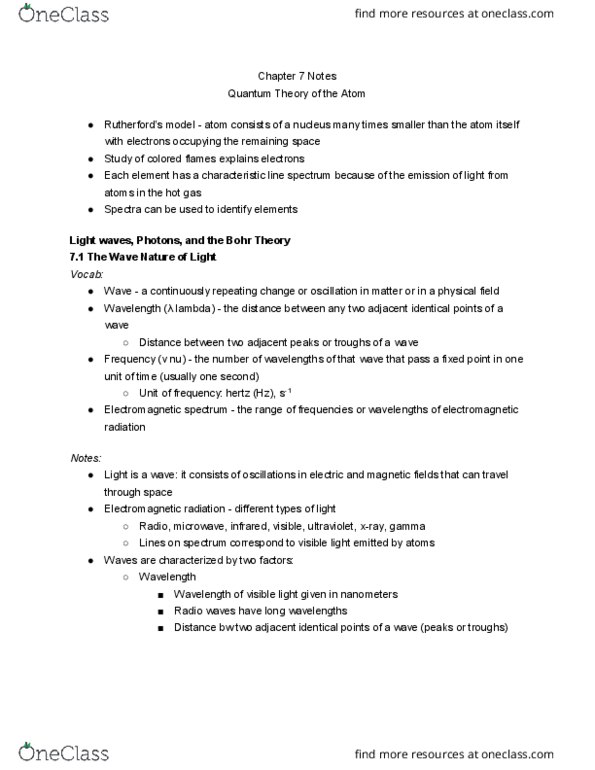 CHEM 0110 Chapter Notes - Chapter 7: Electromagnetic Spectrum, Electromagnetic Radiation, Diffraction thumbnail