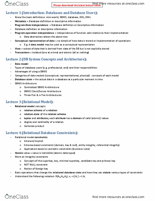 CS338 Lecture Notes - Lecture 1: Superkey, Relational Model, Database thumbnail