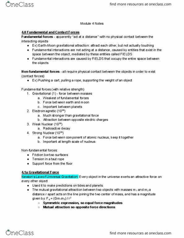 PHYS 0110 Lecture 4: Module 4 Notes - gravitational force, fundamental forces, weight thumbnail