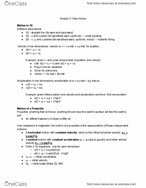 PHYS 0110 Lecture Notes - Lecture 3: Projectile Motion, Y Force, Free Body Diagram thumbnail