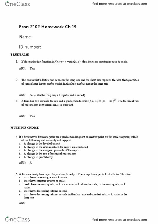 ECON 2350 Lecture Notes - Lecture 2: Isoquant, Substitute Good, Production Function thumbnail