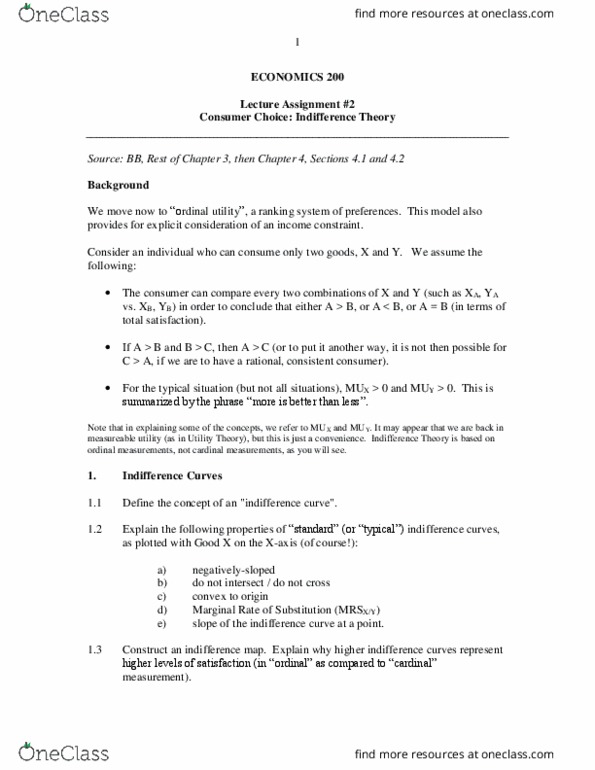 ECO200Y1 Lecture Notes - Lecture 2: Ordinal Utility, Indifference Curve, Utility thumbnail