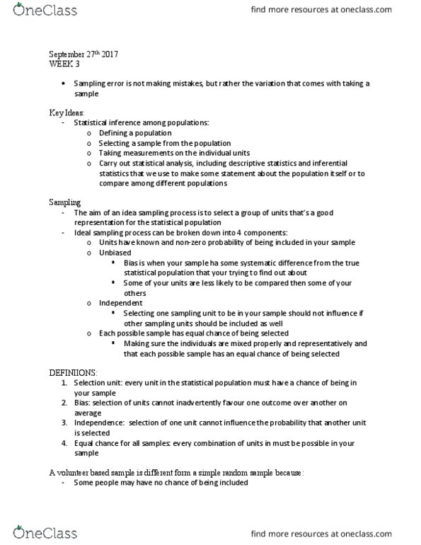 PSYC 202 Lecture Notes - Lecture 3: Statistical Population, Simple Random Sample, Statistical Inference thumbnail