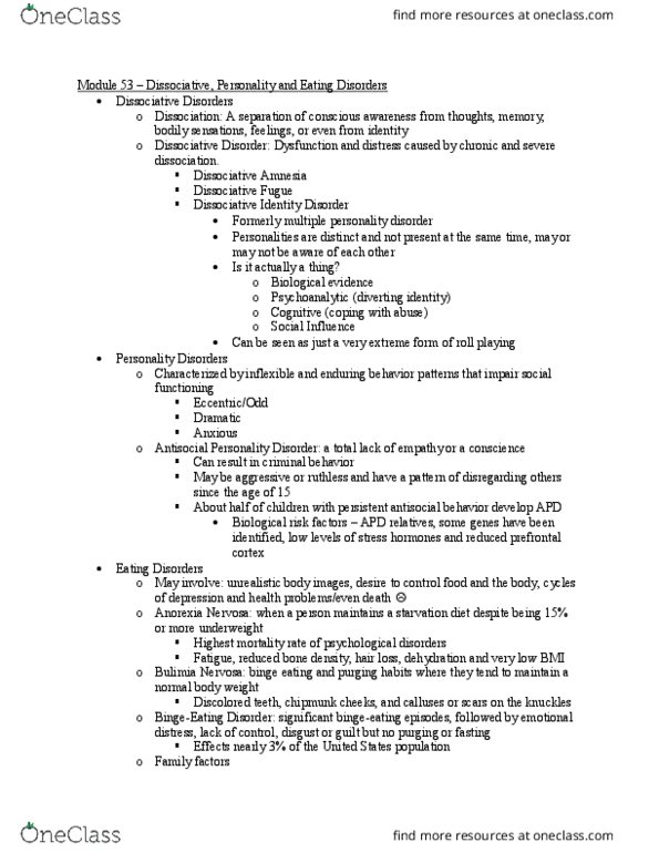 PSY 111 Lecture Notes - Lecture 20: Dissociative Identity Disorder, Fugue State, Bulimia Nervosa thumbnail