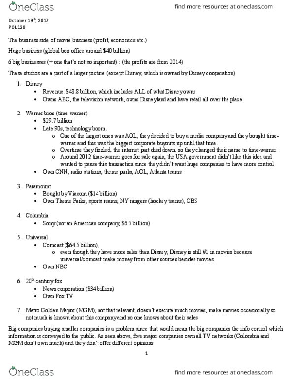 POL 128 Lecture Notes - Lecture 10: Warner Bros., New York Rangers, Making Money thumbnail