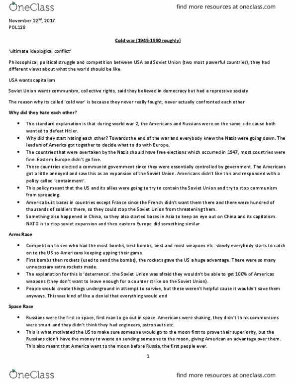 POL 128 Lecture Notes - Lecture 16: Mccarthyism thumbnail