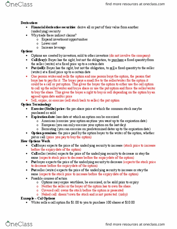 Management and Organizational Studies 1023A/B Lecture Notes - Lecture 9: Covered Call, Call Option, Cash Flow thumbnail
