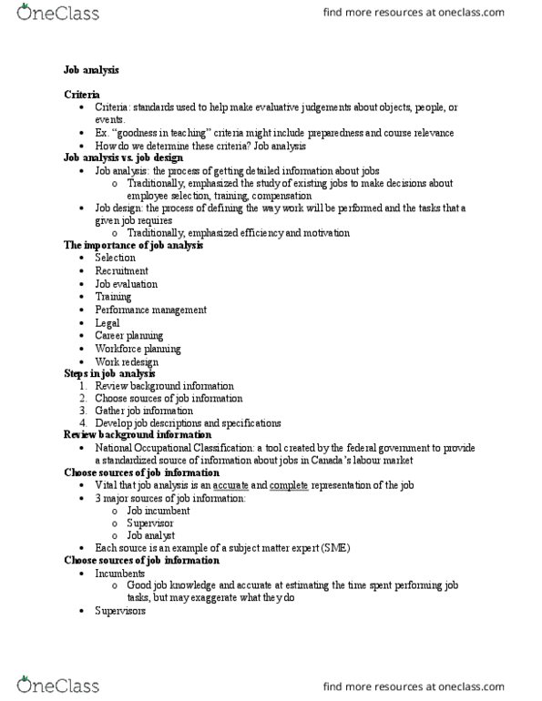 Management and Organizational Studies 1023A/B Lecture Notes - Lecture 2: Job Analysis, Job Design, Paq thumbnail