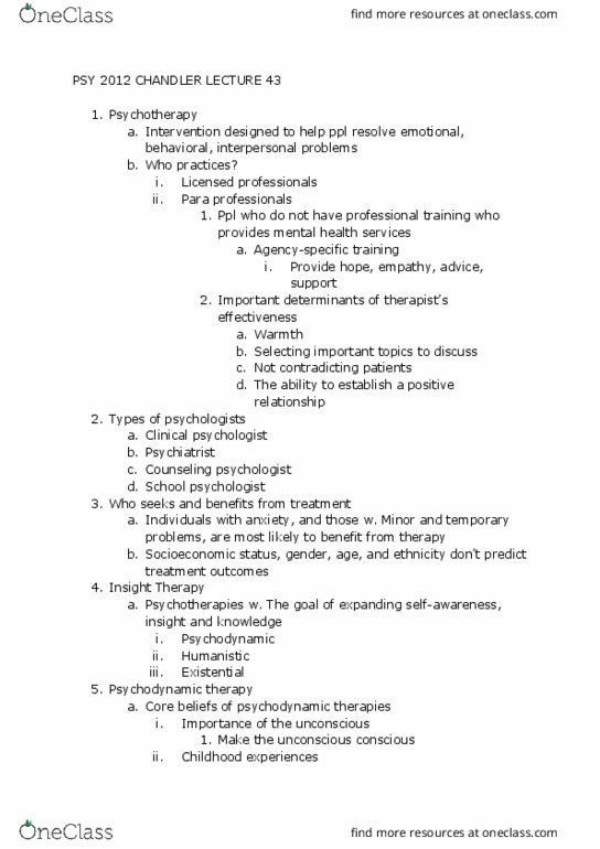 PSY 2012 Lecture Notes - Lecture 43: Psychodynamic Psychotherapy, School Psychology, Socioeconomic Status thumbnail