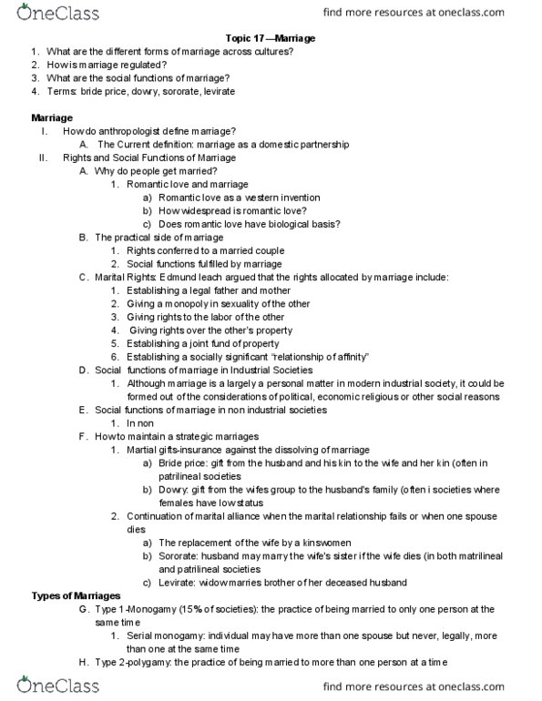 ANTH-2010 Lecture Notes - Lecture 17: Edmund Leach, Monogamy, Bride Price thumbnail