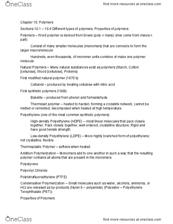 CHEM 1000 Lecture Notes - Lecture 23: Polyvinyl Chloride, Polytetrafluoroethylene, Nylon 6 thumbnail