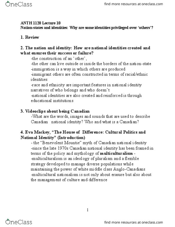 ANTH 1120 Lecture Notes - Lecture 10: Royal Canadian Mounted Police, Nationstates thumbnail