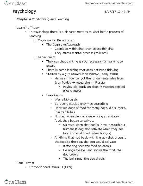 PSY 1018 Lecture Notes - Lecture 3: Drools, Behaviorism, Panic Attack thumbnail