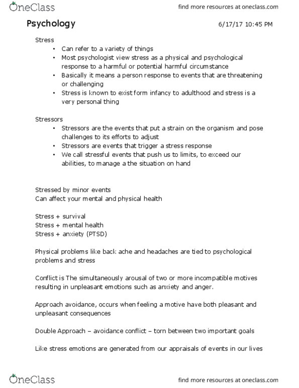 PSY 1018 Lecture Notes - Lecture 9: Escalade, Posttraumatic Stress Disorder, Defence Mechanisms thumbnail