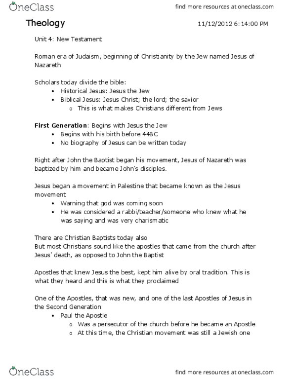 THE 1050 Lecture Notes - Lecture 19: Life Of Jesus In The New Testament, Jewish Christian, Jesus Movement thumbnail