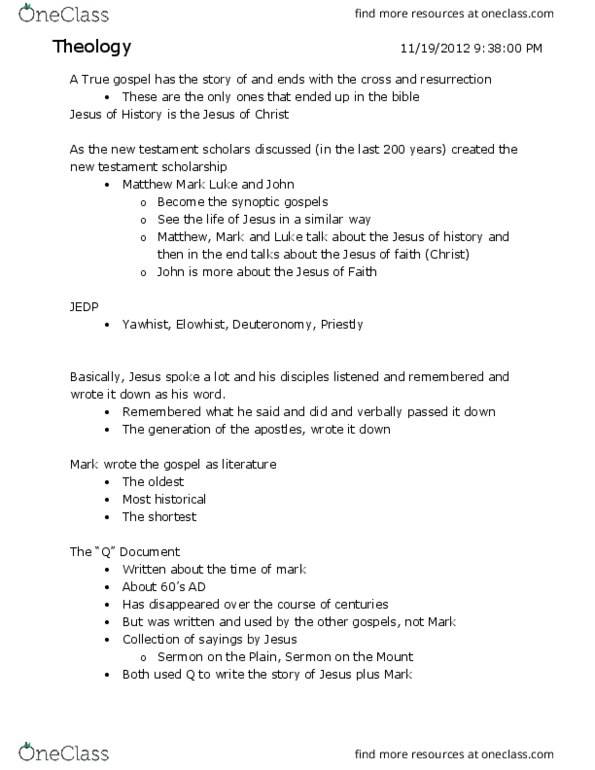 THE 1050 Lecture Notes - Lecture 20: Synoptic Gospels, Q Source, Documentary Hypothesis thumbnail