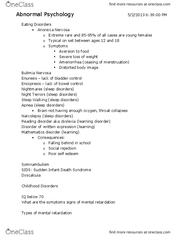 PSY 1007 Lecture Notes - Lecture 11: Sudden Infant Death Syndrome, Bulimia Nervosa, Dyscalculia thumbnail