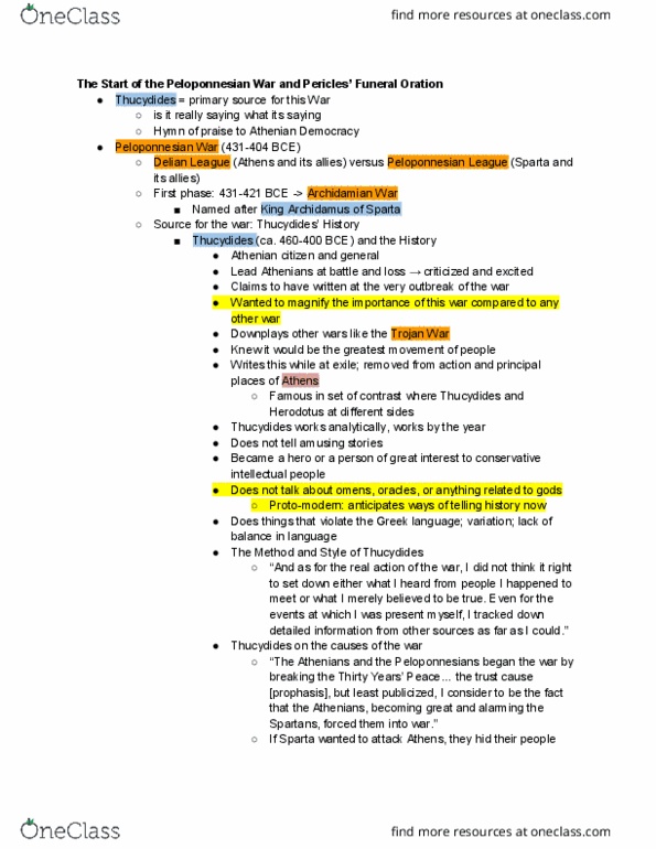 CLASSIC 10 Lecture Notes - Lecture 20: Peloponnesian League, Delian League, Athenian Democracy thumbnail