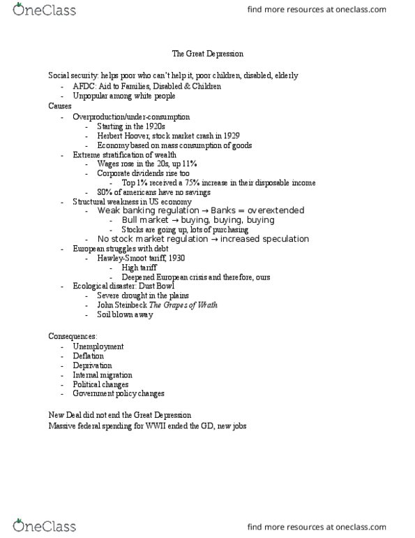 HIS 315L Lecture Notes - Lecture 14: Herbert Hoover, Aid To Families With Dependent Children, Market Trend thumbnail